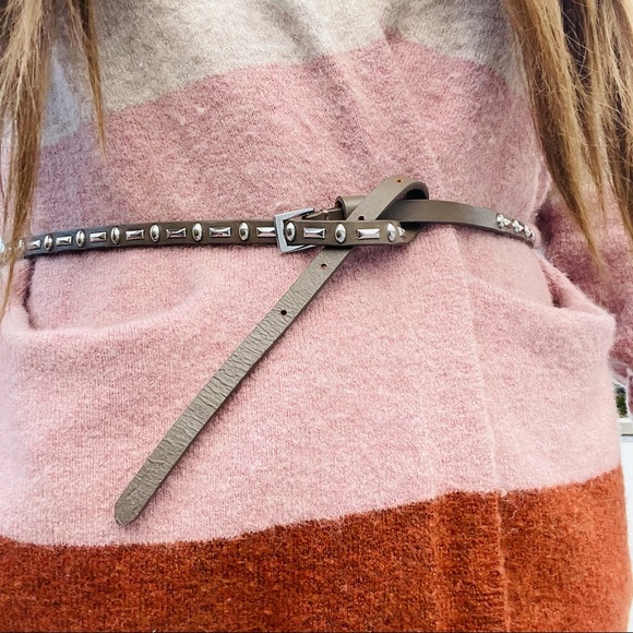 Free People Leather Taupe Silver Studded Narrow Skinny Skinny Long Belt main image 5